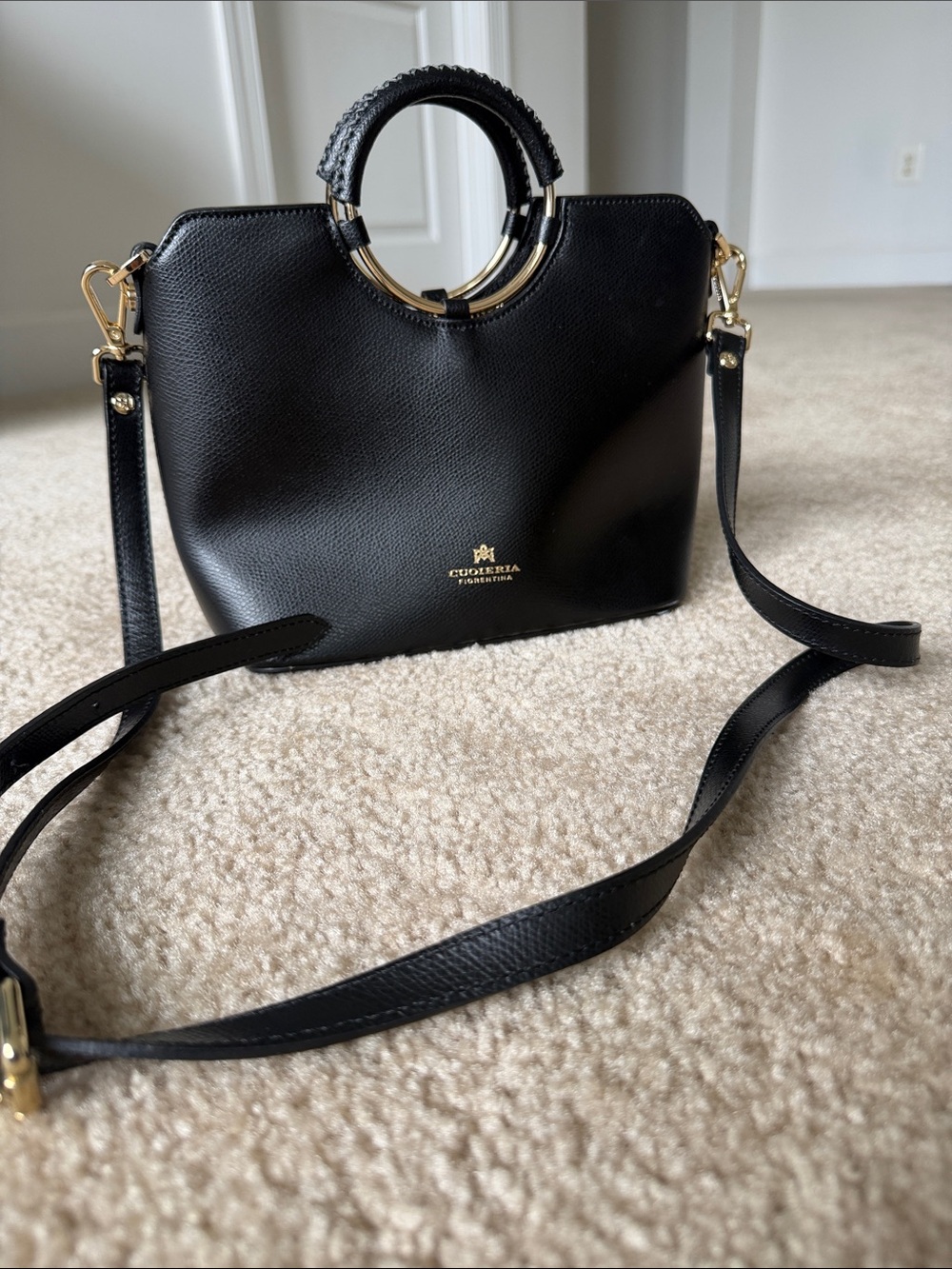 Black Italian Leather Satchel Crossbody Bag
